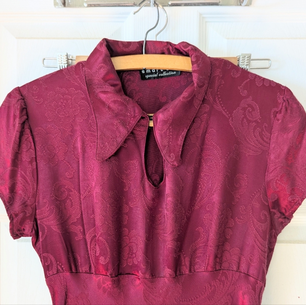 90s Vintage Red Damask Brocade Qipao Style Collared Midi Dress Size 6/7 - Picture 4 of 12